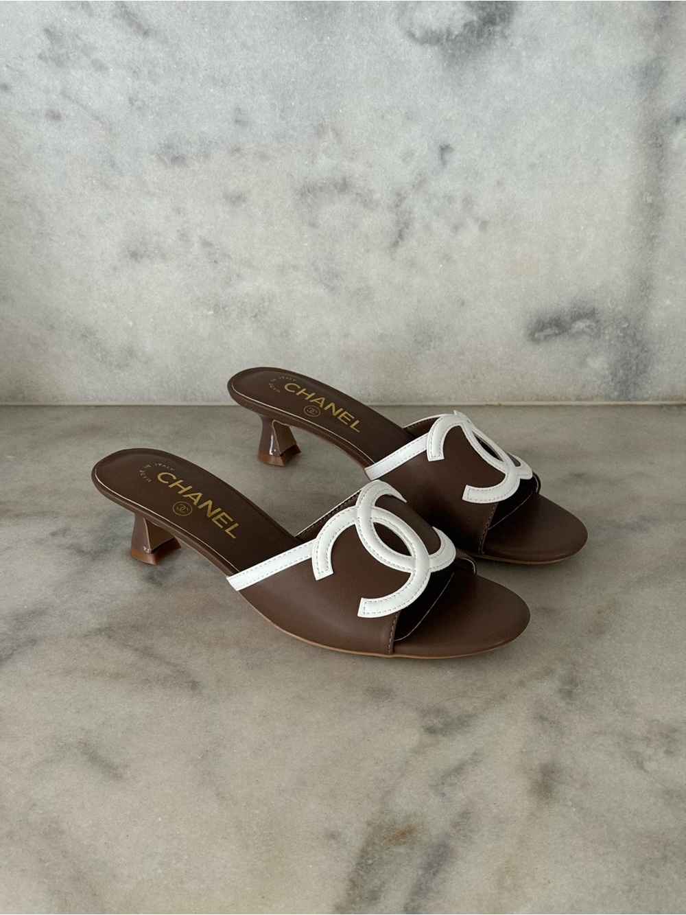 CHANEL Brown and White CC Logo Slide Mules